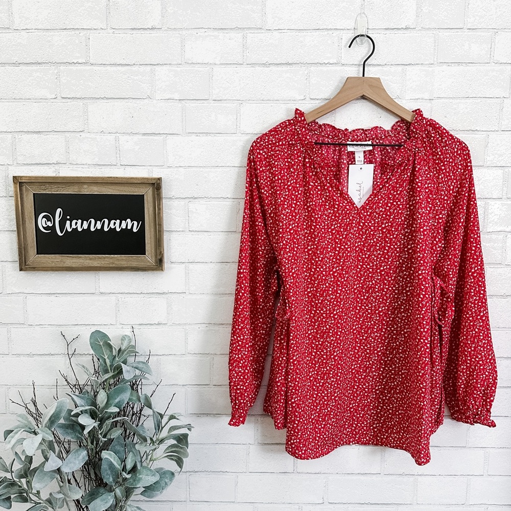 ISABEL Maternity by Ingrid + Isabel Red Flowered Side Tie Long Sleeve Top - Picture 1 of 11